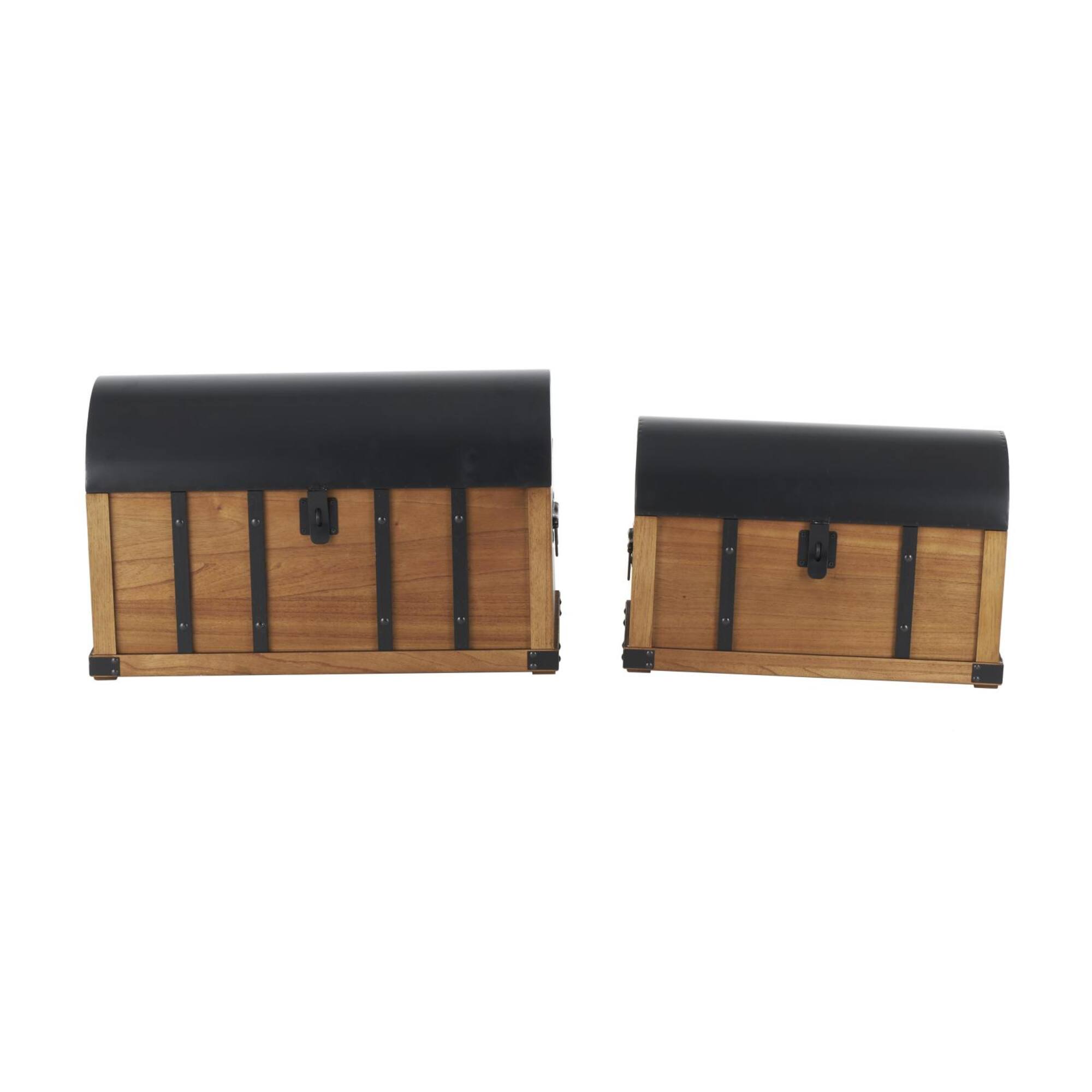Brown Studded Storage Trunk with Black Metal Arched Tops & Vertical Strips Set